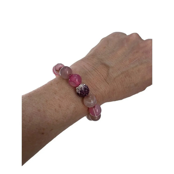 Pink Agate and Swarovski Crystal Beaded Bracelet - Picture 6 of 7